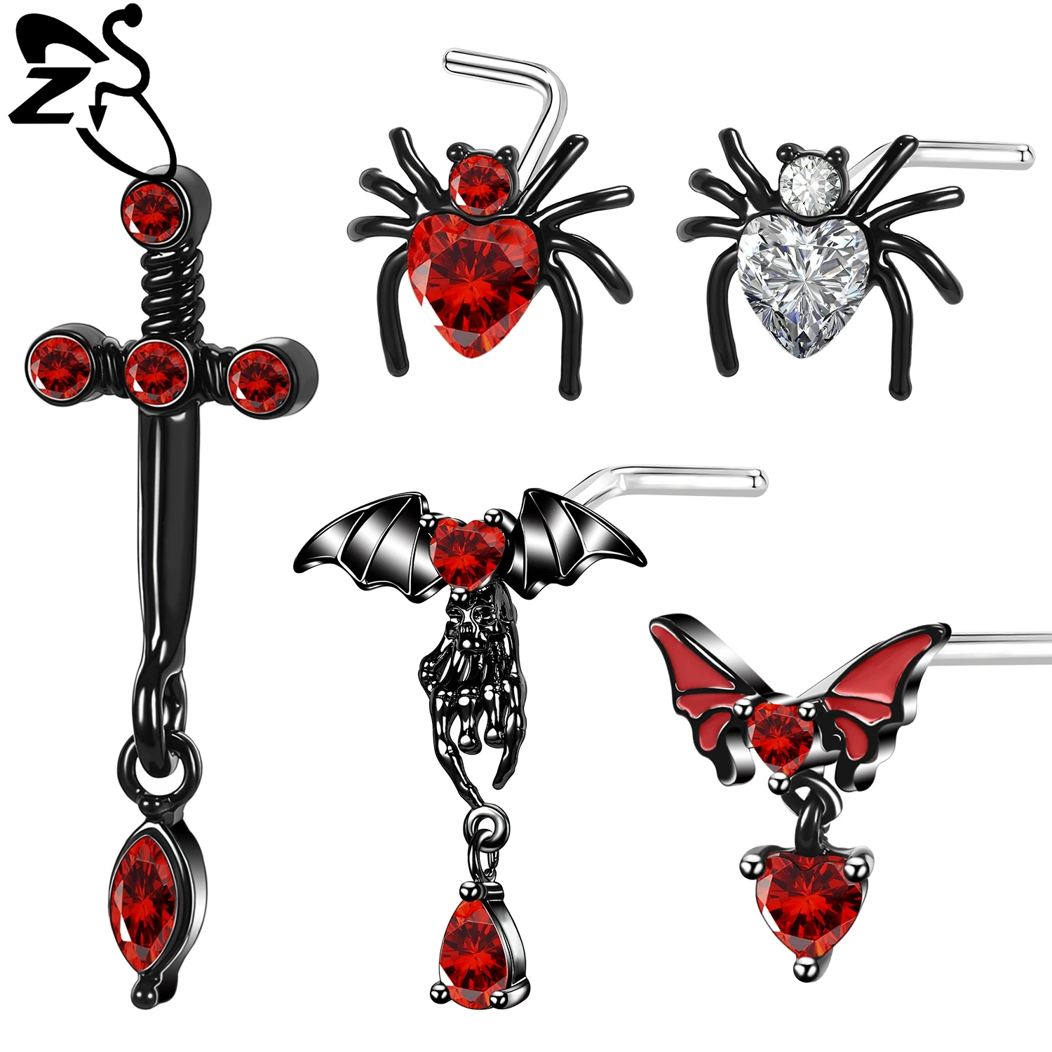 

ZS 1 PC 20G Halloween Stainless Steel Nose Studs Women Men Red CZ Crystal Nose Rings Spider Bat Cross Nostril Piercings Jewelry