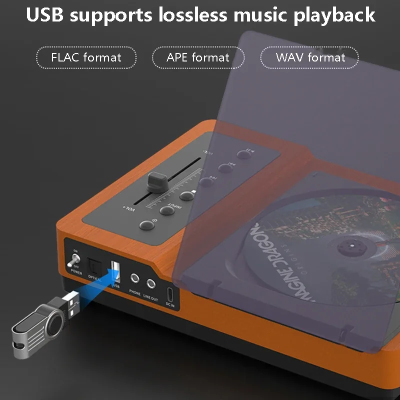 빈티지 HIFI CD 플레이어, 블루투스 5.2, 고음 및 저음 조절 가능, 휴대용 CD 오디오 플레이어, 내장 배터리 IR 원격 제어