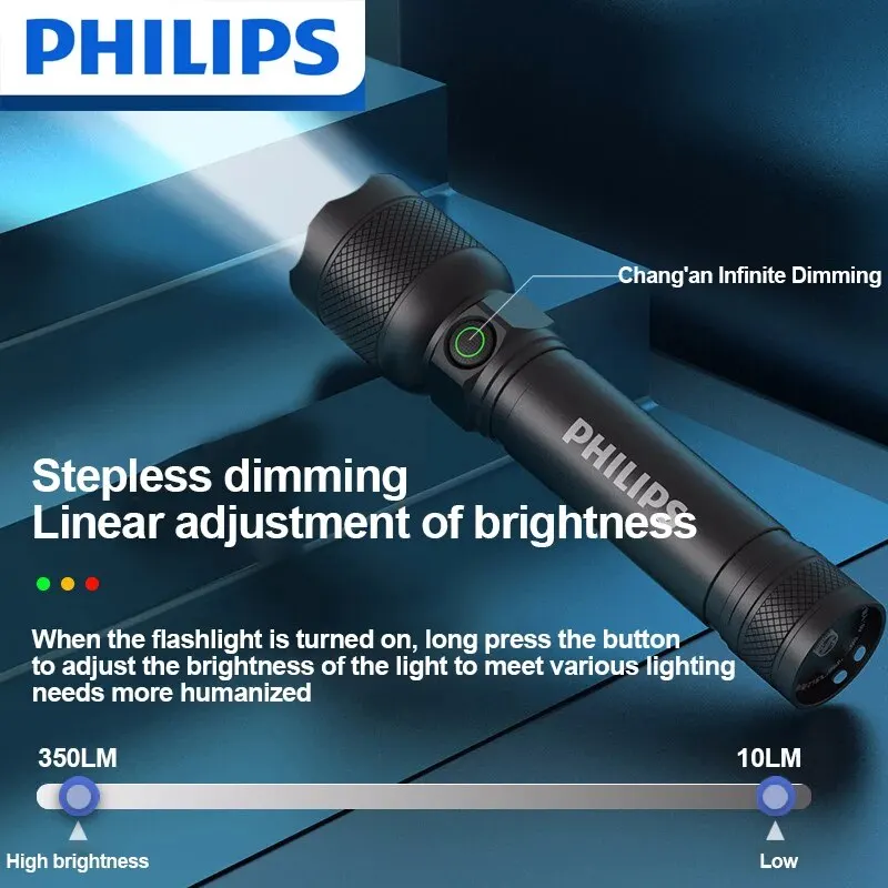 Philips-linterna LED con batería recargable USB 18650, 4 modos de iluminación, resistente al agua, para acampar al aire libre, autodefensa