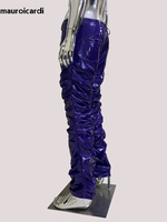 Mauroicardi Spring Purple Fitted Shiny Reflective Stretchy Soft Faux Patent Leather Stacked Pants for Men Y2K Streetwear 2025