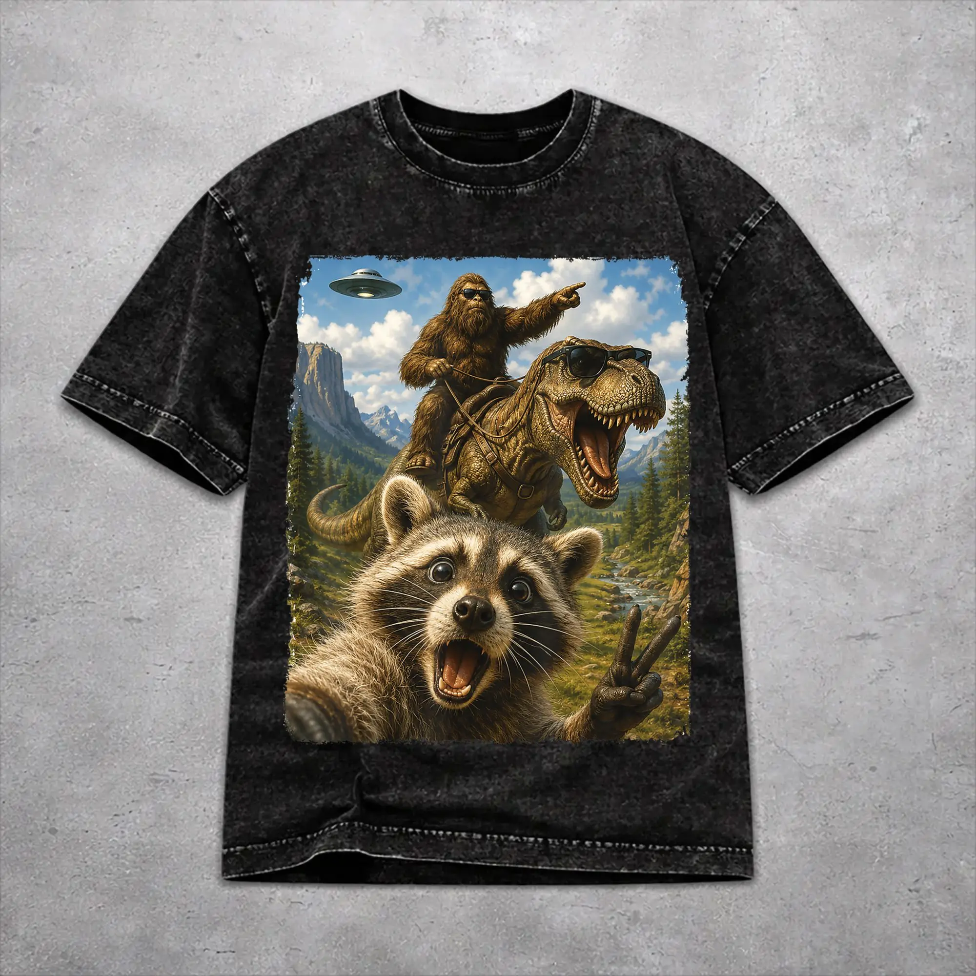 Funny Bigfoot Ride Dinosaur Raccoon T Shirt Vintage Washed Style For Men Women Cotton Tee Shirts Tops