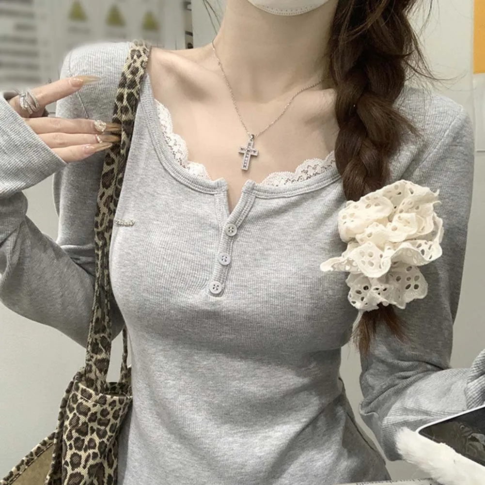 Casual Spring Autumn Wear Spring Autumn Elegant Casual Wear Gray Lace Button for top Polyester Fabric Casual Outings