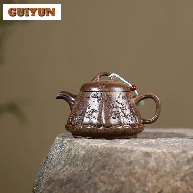 

280ml Yixing Purple Clay Teapots Handmade Flowers And Birds Pot Raw Ore Firewood Agilawood Mud Tea Brewing Kettle Zisha Tea Set