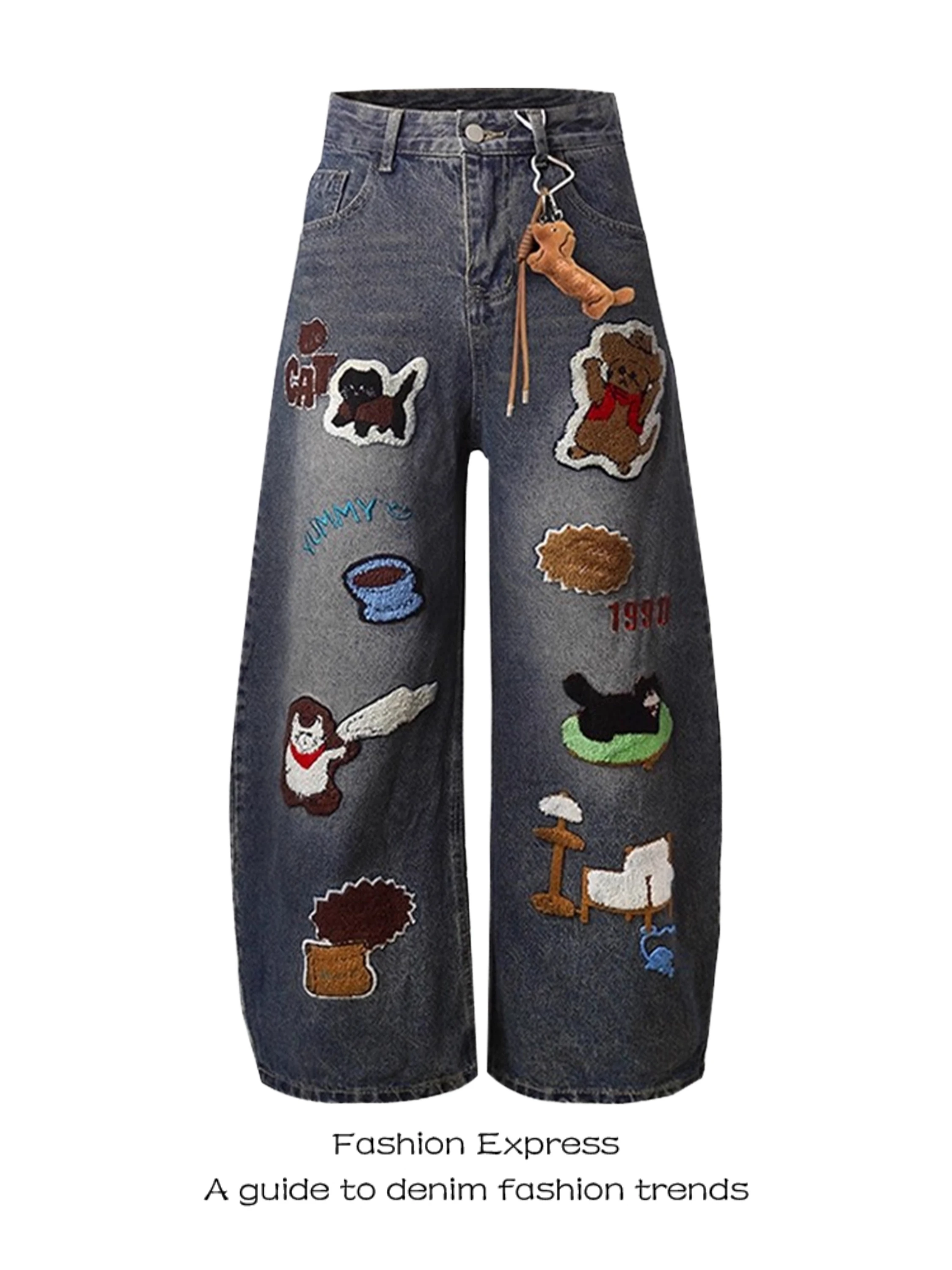 

Осенние джинсы с вышивкой и мультяшными рисунками, с высокой талией, широкими штанинами, повседневные, в американском ретро-стиле, с забавными нашивками, женские