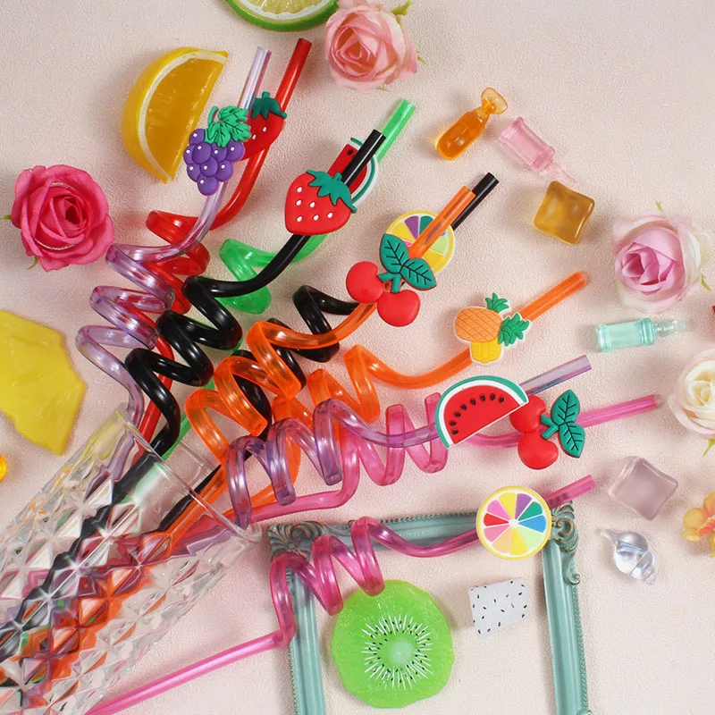 6-pack of fruit-shaped spiral straws, reusable, perfect for party favors, birthday parties, and wedding decorations,