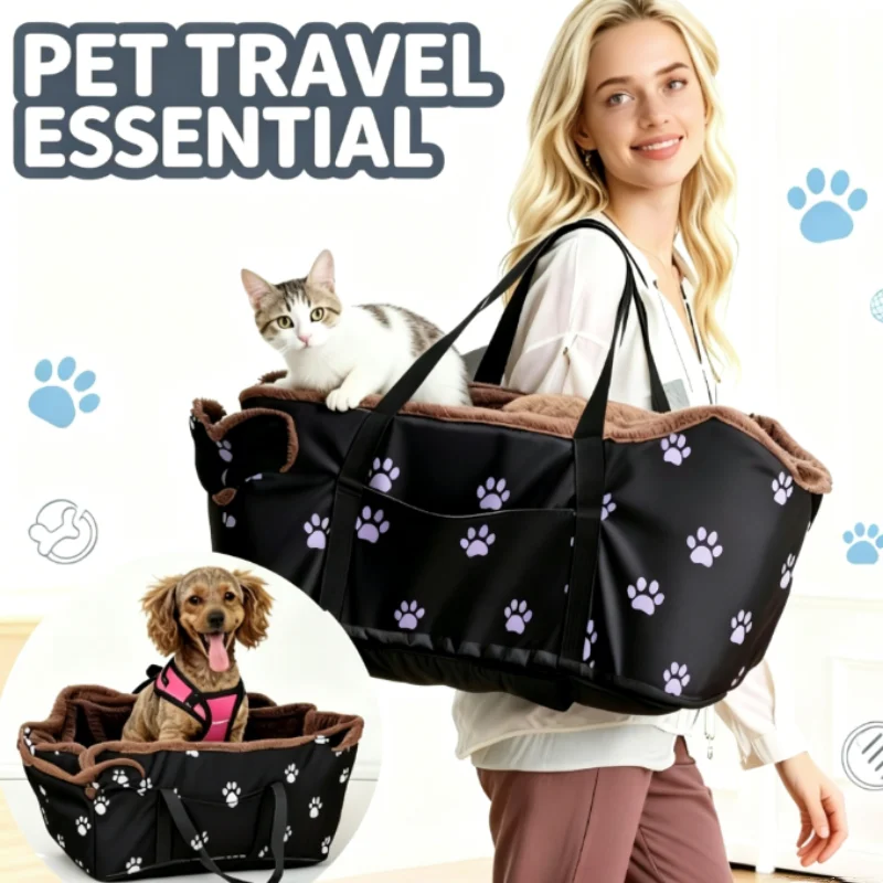 

Portable Pet Car Carrier Center Console Dog Seat Safety Seat for Small Dogs Cats with Paw Print Design Pet Bed