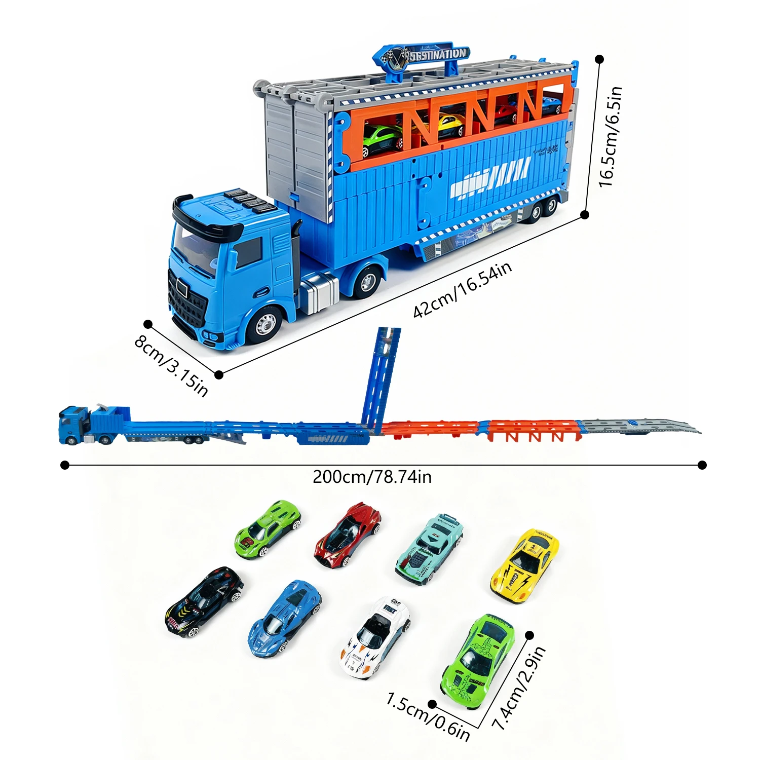 

Этот трек-комплект включает в себя 2-метровую стартовую дорожку и восемь гоночных машин с звуковыми и световыми эффектами. Батарейки в комплект не входят.