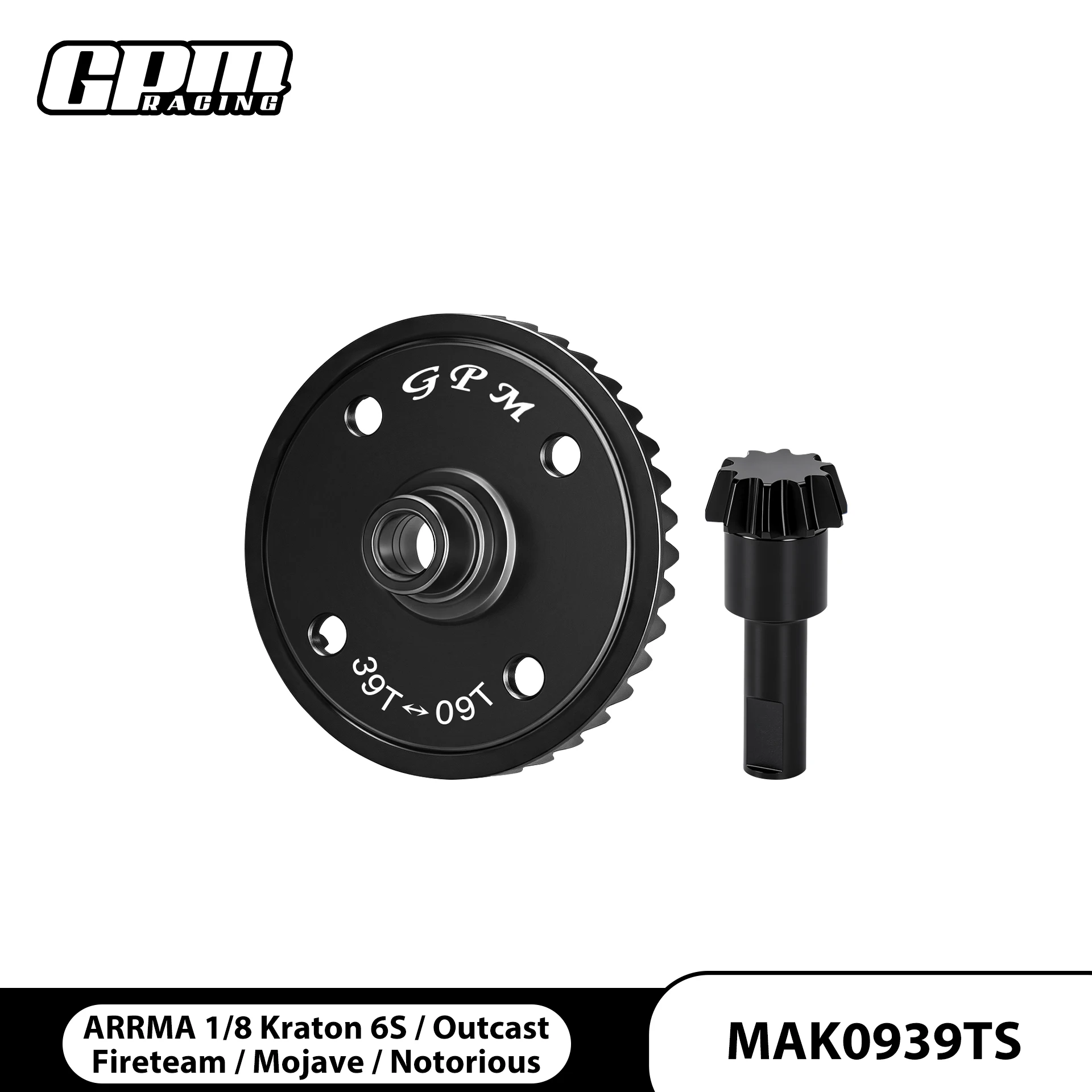 GPM Chrome Steel Diff Gear Main 39T Spiral & Pinion Gear 09T / 1.0Mod For ARRMA 1/8 Kraton 6S / Outcast / Talion / Fireteam