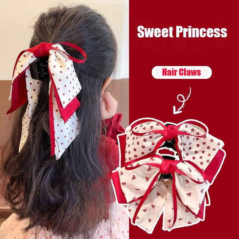 

2pcs Red Bow Hair Claw Clips For Girls Sweet Princess Hair Clip For Thick Curly Hair Baby Hair Accessories