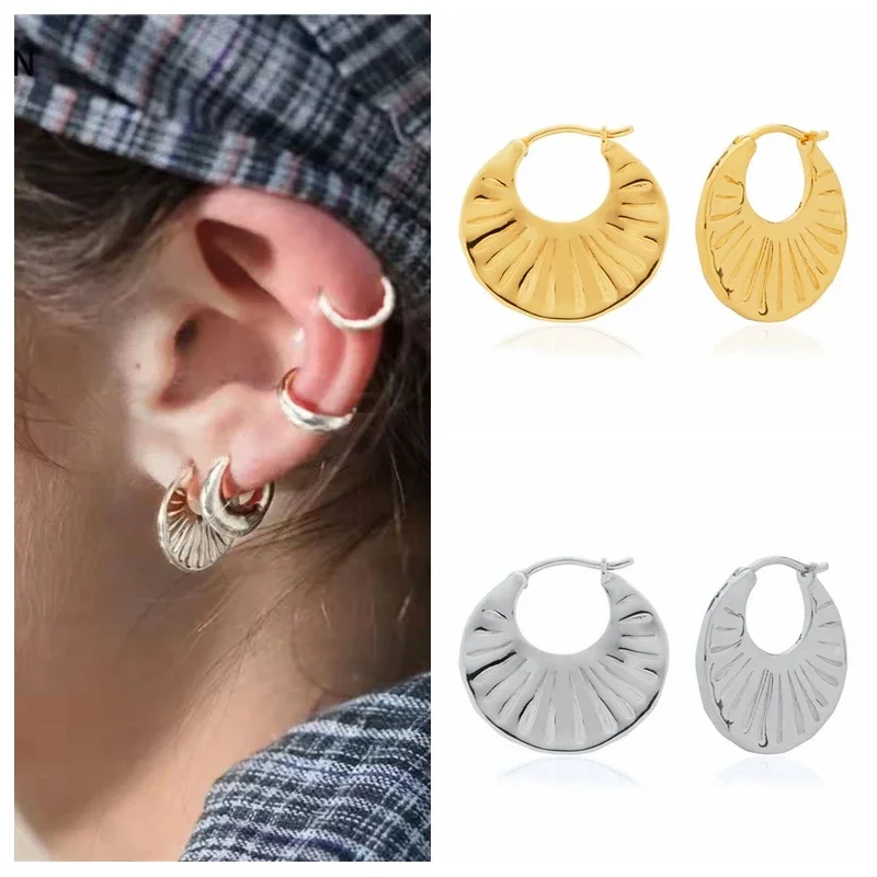 925 Sterling Silver Needle Vintage Metal Big Round Sector Hoop Earrings for Women European and American Trendy Earrings Jewelry