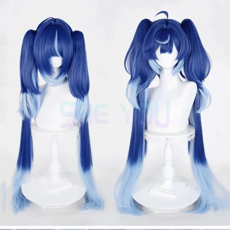 Wuthering Waves Iuno Cosplay Perücke Blauer Farbverlauf Lange Gerade Doppelte Pferdeschwänze Synthetische Perücken Für Frauen Mädchen Rinascita Halloween