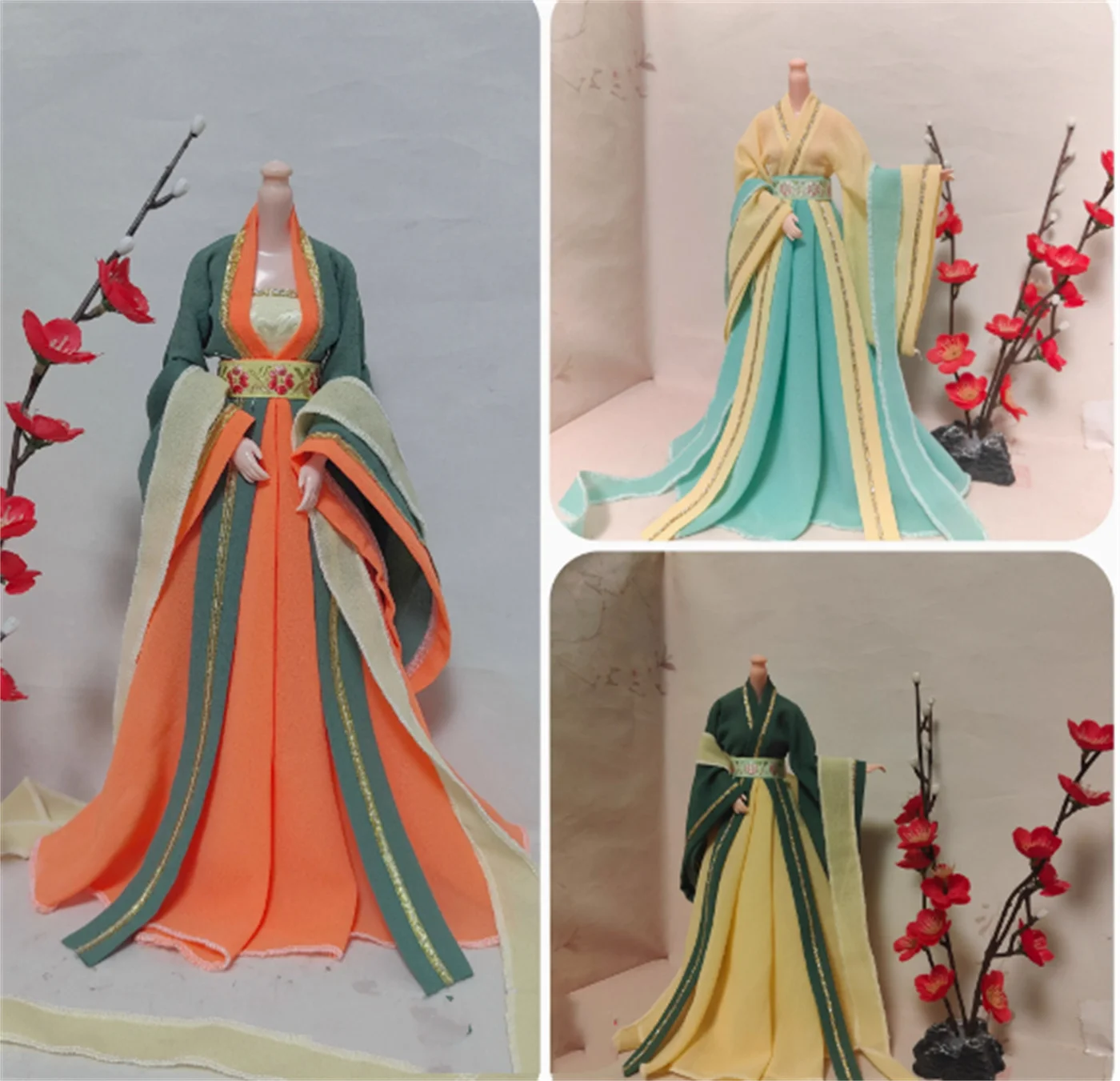 Vestido largo antiguo personalizado, bata de soldado a escala 1/6, Hanfu, traje azul naranja, falda, ropa, modelo apto para soldado, figuras de acción de juguete