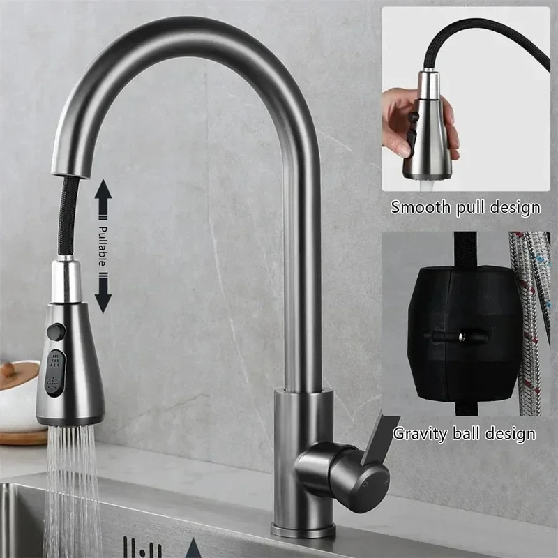 Kitchen Faucets 304 stainless steel Pull Out Kitchen Sink Water Tap Deck Mounted Mixer Stream Sprayer Head Hot Cold Taps