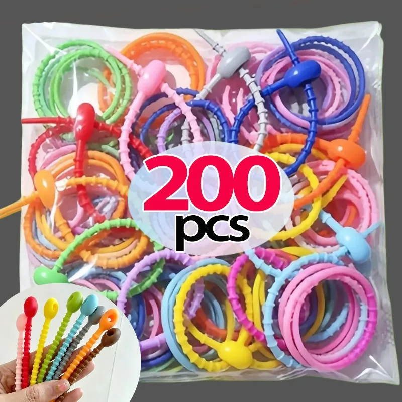 10/200Pcs Silicone Cable Ties Multicolor Cable Wire Organizer Winder Food Saver Bag Clip Earphone Line Keychain with Lock Buckle