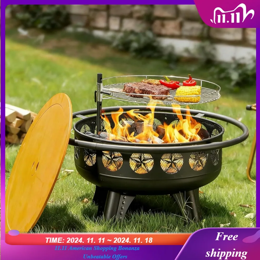 

32 Inch Fire Pit with Swivel Cooking Grate,3-in-1 Wood Burning Firepit with Grill,Outdoor Fire Pits Table with Metal Lid and Pok