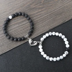 2Pcs/Set 8mm Natural Black Line Lava Beads Elastic Bracelet Lover Heart Shape Magnet Couple Bracelet Chakra Chain Jewelry Gift