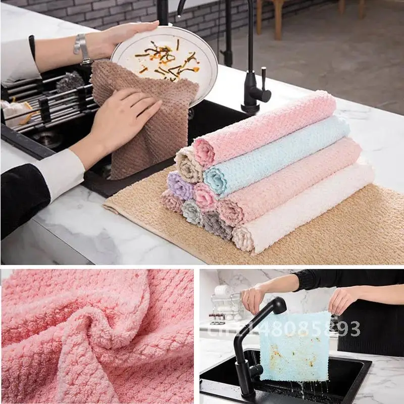 2/4/8pcs Soft Microfiber Kitchen Towels Absorbent Dish Cloth Anti-grease Wipping Rags Non-stick Oil Household Cleaning Towel