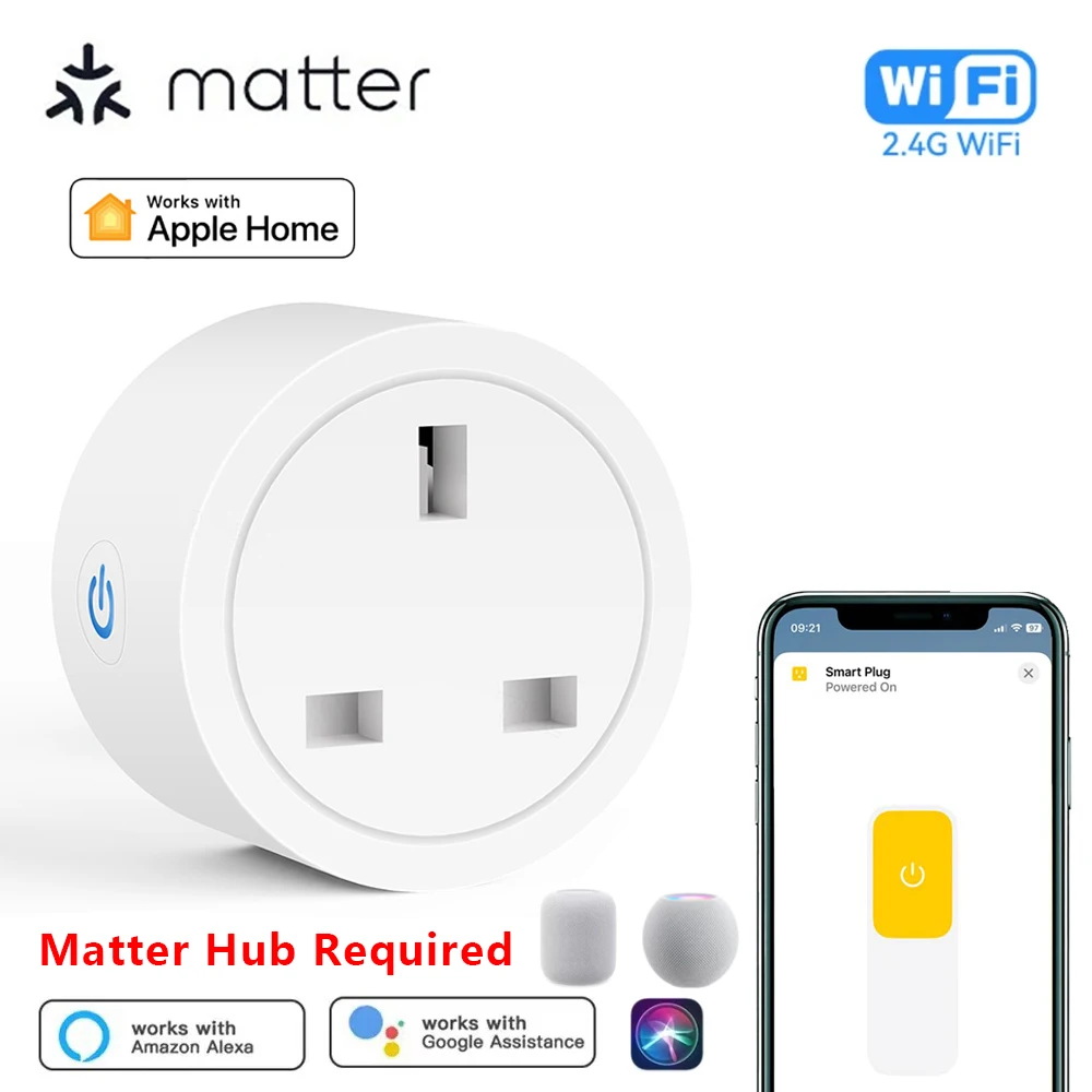 

Умная Wi-Fi розетка Matter UK Plug 16A, мини-розетка для дома с дистанционным управлением через приложение, голосовым управлением, совместима с HomeKit, Alexa, Google Home, Siri