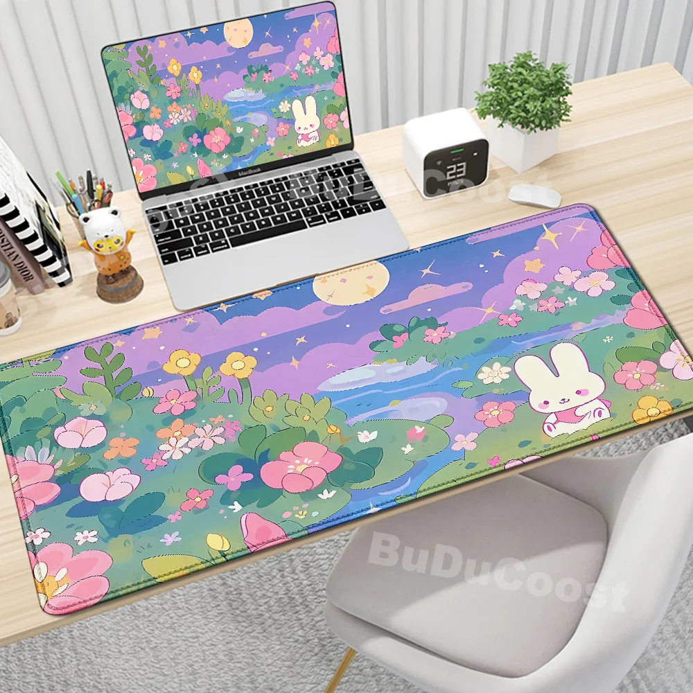 

Green Cute Flower Mice Mat High Quality Desk Pad Kawaii Rabbit Cartoon Laptop Rug XXL Large Size Keyboard Locking Edge Mouse Pad