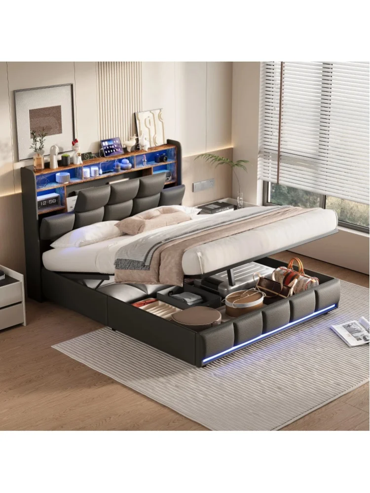 Rosahqnda Doppelbett für Erwachsene mit LED-Beleuchtung 160x200/140x200 cm, Kopfteil mit offenen Ablagefächern, Lattenrost, PU, schwarz, ohne Matratze