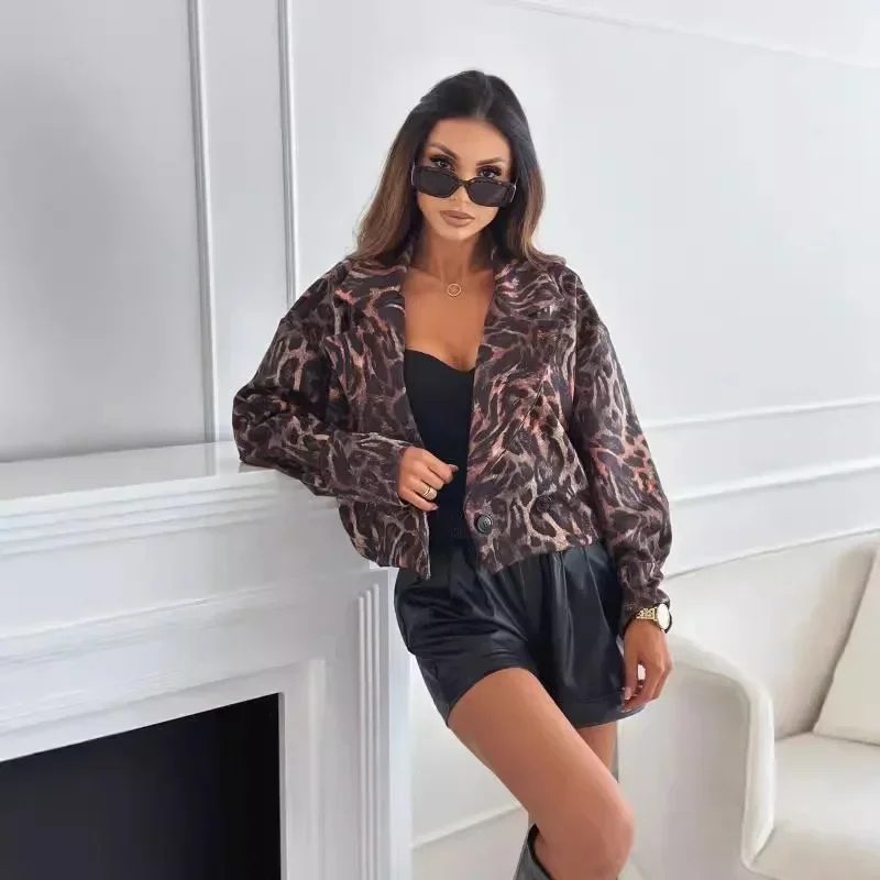 Women's Spring/summer Leopard Print V-neck Single-button Short Suit Jacket,fashion Slimming Lapel Print Temperament Suit Coat