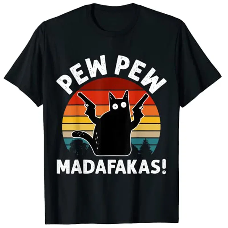 Vintage Retro Black Cat Pew Pew Madafakas! Graphic T-Shirt Aesthetic Clothes Cute Kitty Cat Dad Short Sleeve Graphic Outfit Gift