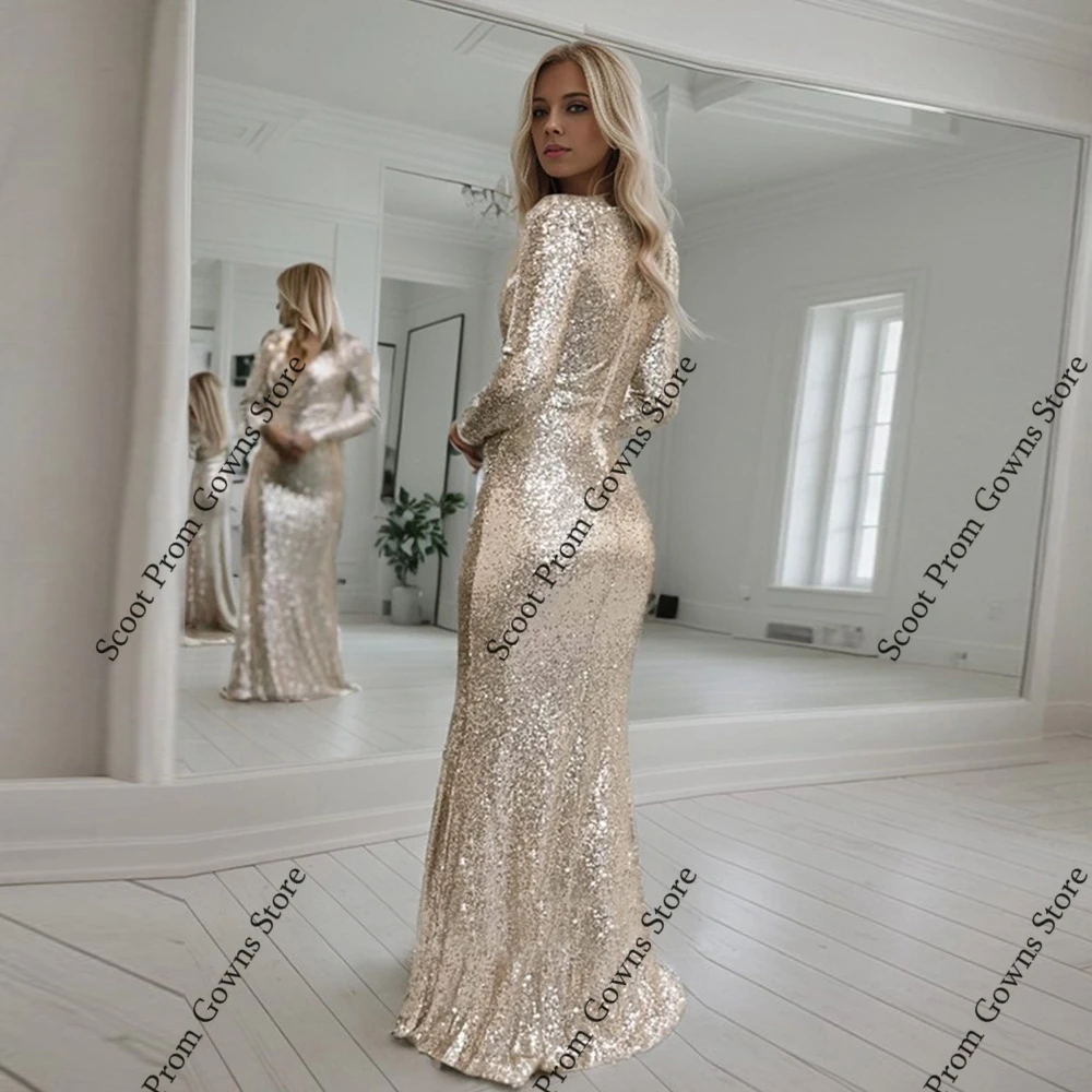 Silver Mermaid Evening Dresses for Women 2025 Full Sleeve Prom Gowns with Sequined New Sequined Robe De Soirée Summer