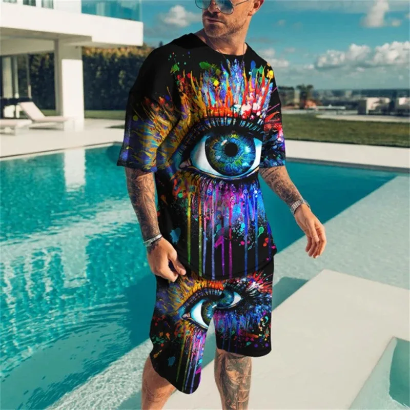 

2025 Fashion Men's 3D Printed Round Neck Short Sleeve Shorts Set for Summer Leisure Breathable Refreshing Sports Two Piece Set