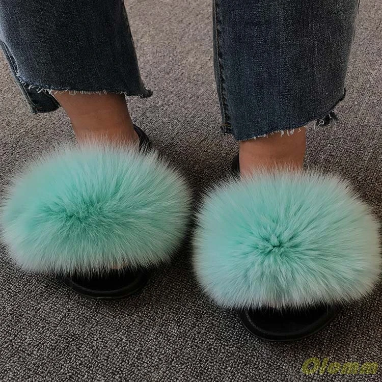 Women\'s Summer Flat Slippers Genuine Fox Fur Slippers Women\'s Thick Hair Slippers Non-slip Indoor Slippers Silver Sole