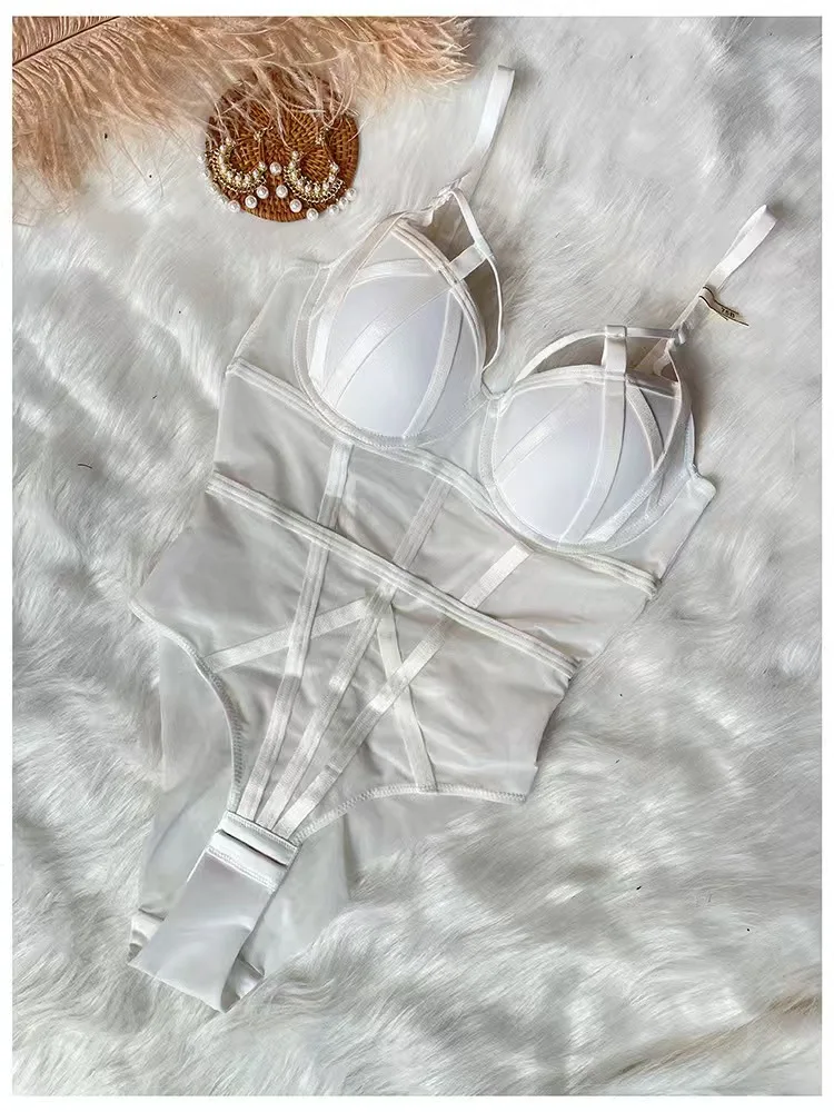 Body de corsé sexy ajustado para mujer, sin mangas, de gasa, con entrepierna abierta, mono corto, lencería de moda, camisola, romper liso