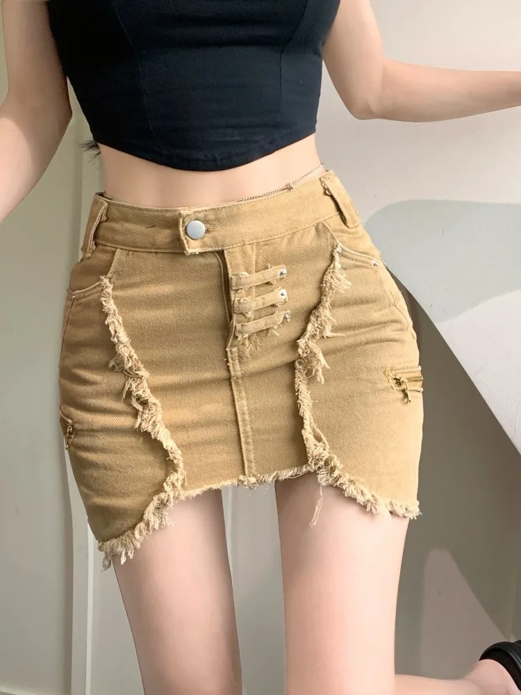 Women's Vintage Brown Denim Half Body Skirt High Waist American Streetwear Fashion Baggy A-Line Short Jean Skirt Summer