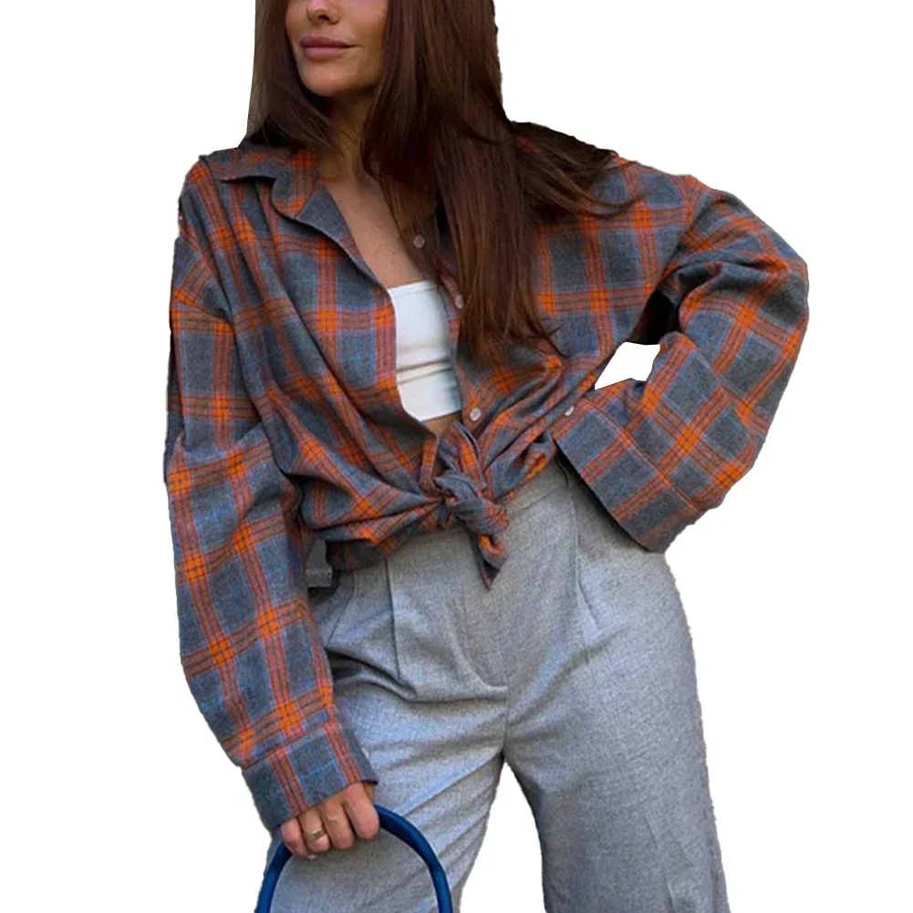 Oversized Plaid Shirt Women Vintage Autumn Jacket Tops Loose Blouse with Long Sleeve Check Pattern and Button Down