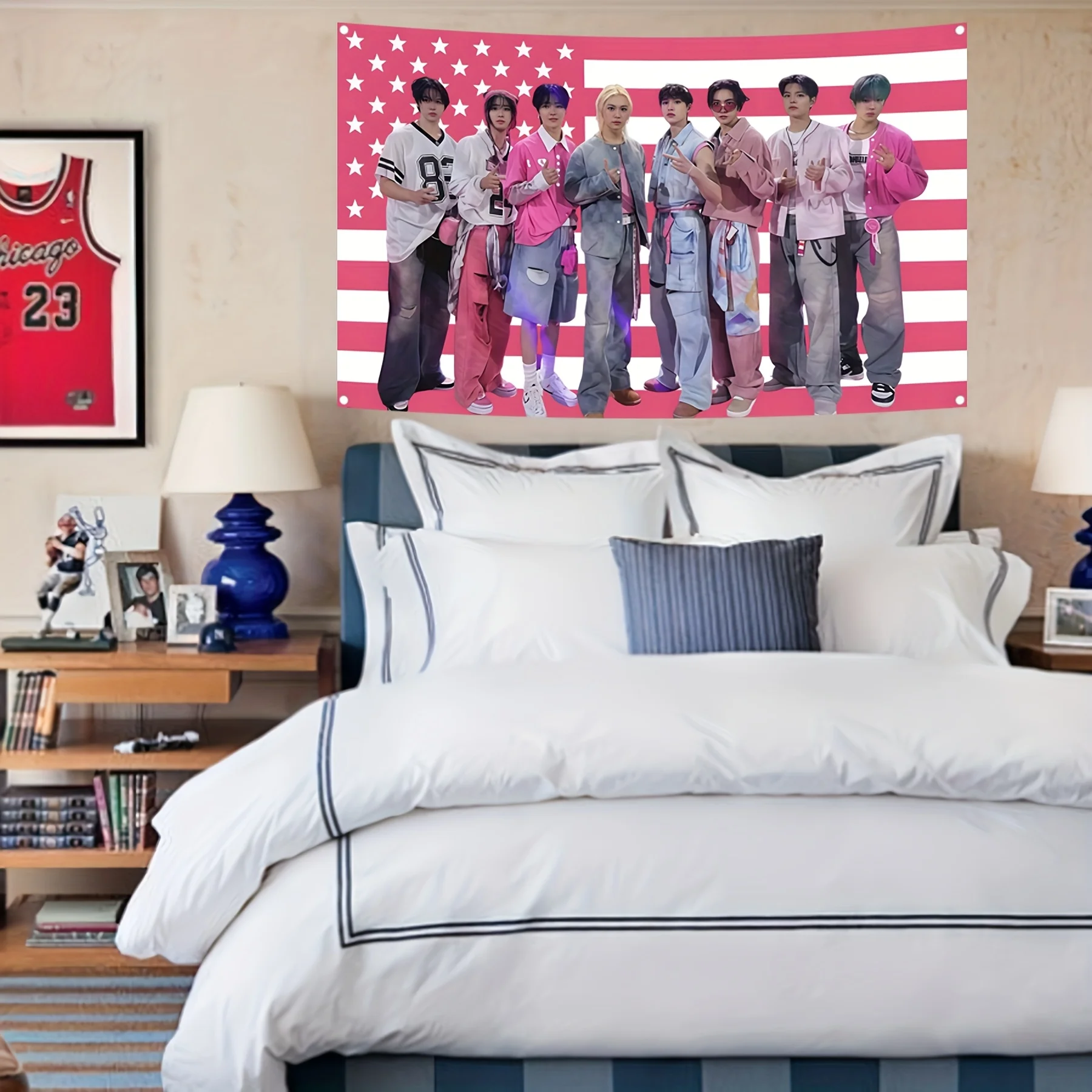 One stray member poster tapestry patriotic design with an American flag background stray concert banner and a skz kpop banner view 2