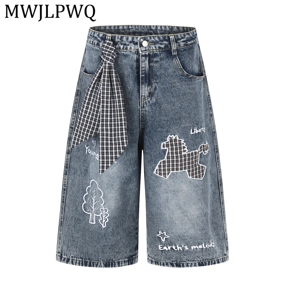 MWJLPWQ Embroidered Washed Denim Shorts Men's Summer Cropped Pants Detachable Design Chic Street Style Straight Shorts 16468