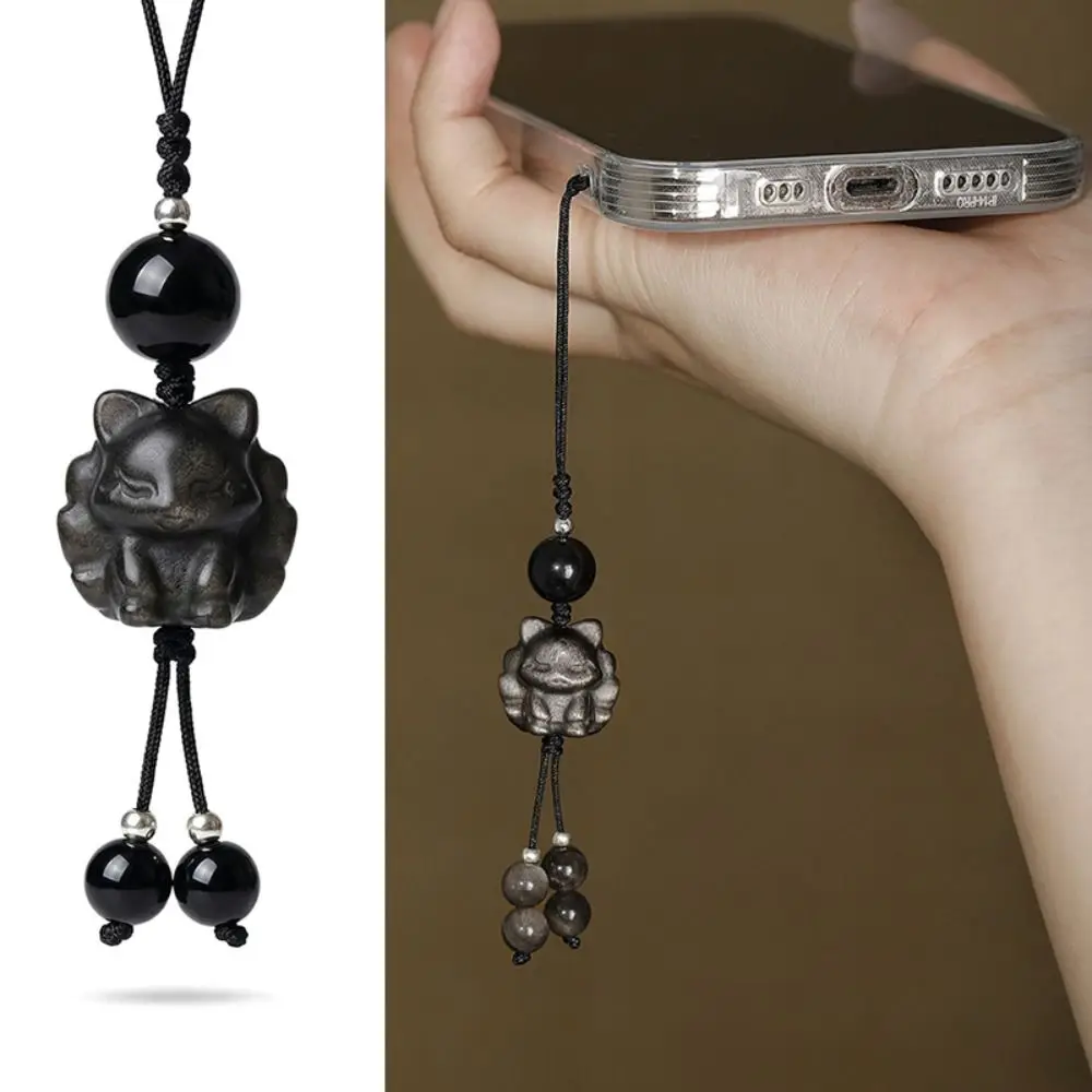 Exquisite Charm New Chinese Style Keychain Jewelry Accessories Nine-Tailed Bead Mobile Phone Chain Silver Shining Stone