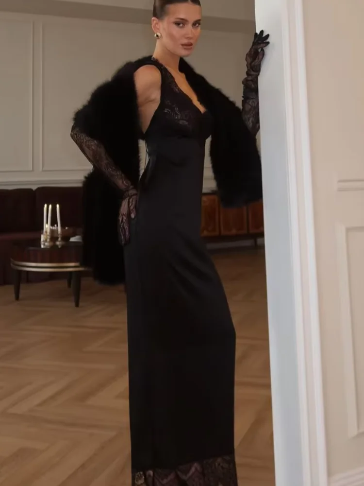 Abito sexy con fionda patchwork in pizzo nero Donna Chic scollo a V con spalle scoperte Abiti lunghi in raso sottile senza schienale Lady Evening Party Vestido