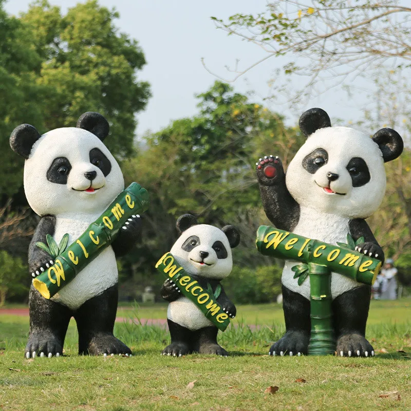 Weatherproof Realistic Bamboo Eating Panda Statue Fiberglass Outdoor Animal Sculpture for Garden Lawn Patio Yard Landscape Decor