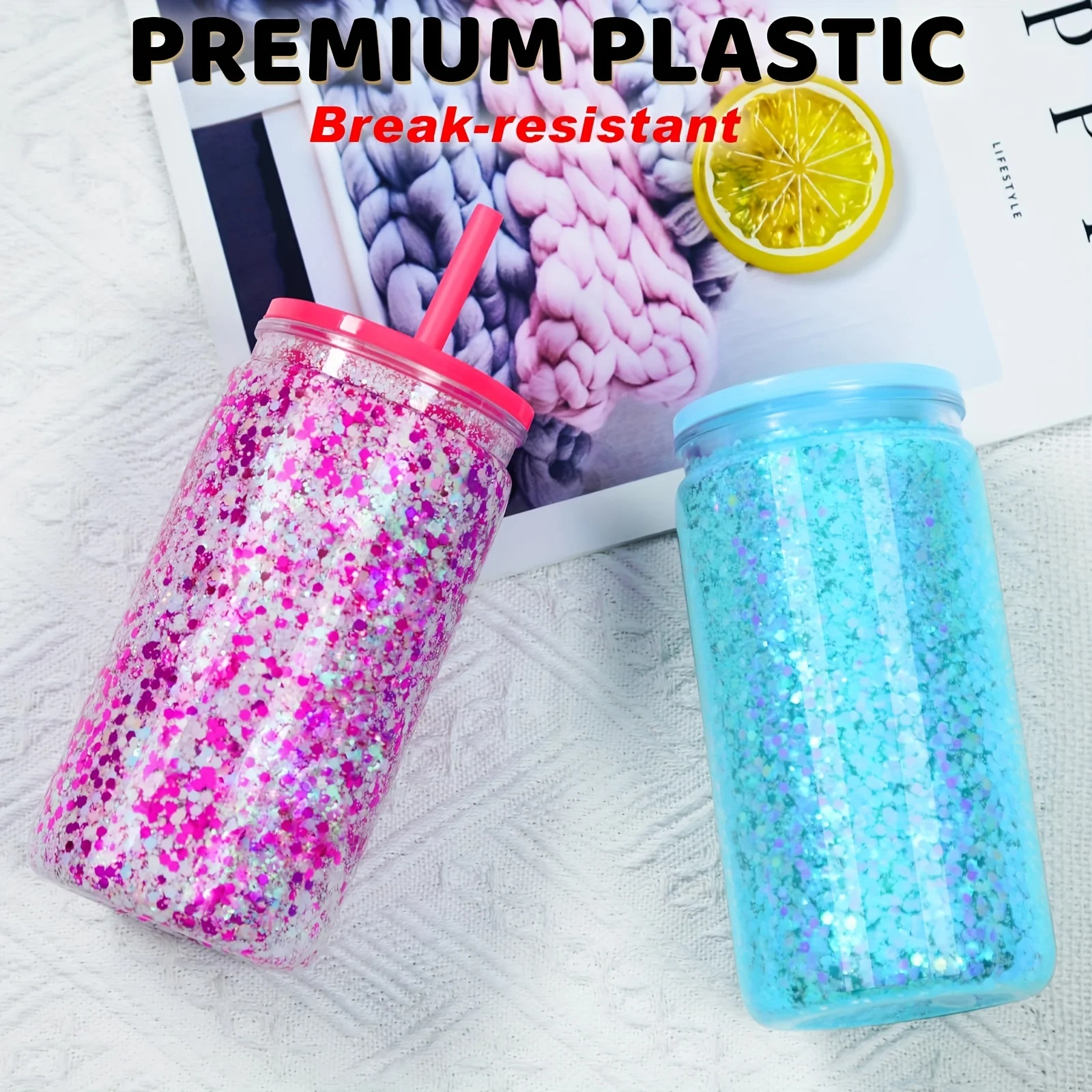 16OZ Snowflake Ball Water Cup Plastic Outdoor Water Bottles With Lid and Straw Reusable 2-Layer Design Juice Milk Coffee Jar Cup