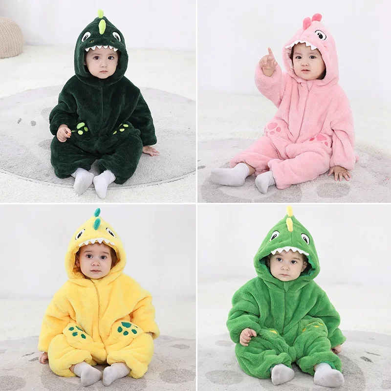 Cute Dinosaur Costume Baby Cosplay Winter Warm Outfit Funny Jumpsuit Boys Girls Kawaii Jumpsuit Homewear Animal Kigurumi Onesies