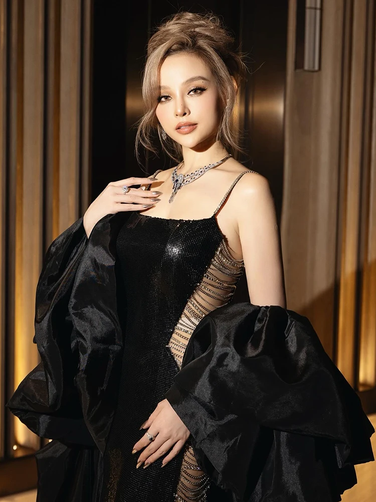 Sequins Chains Long Dress Black Backless Dress Spaghetti Straps Cut Out Elegant Maxi Cocktail Evening Party Gowns Vestido