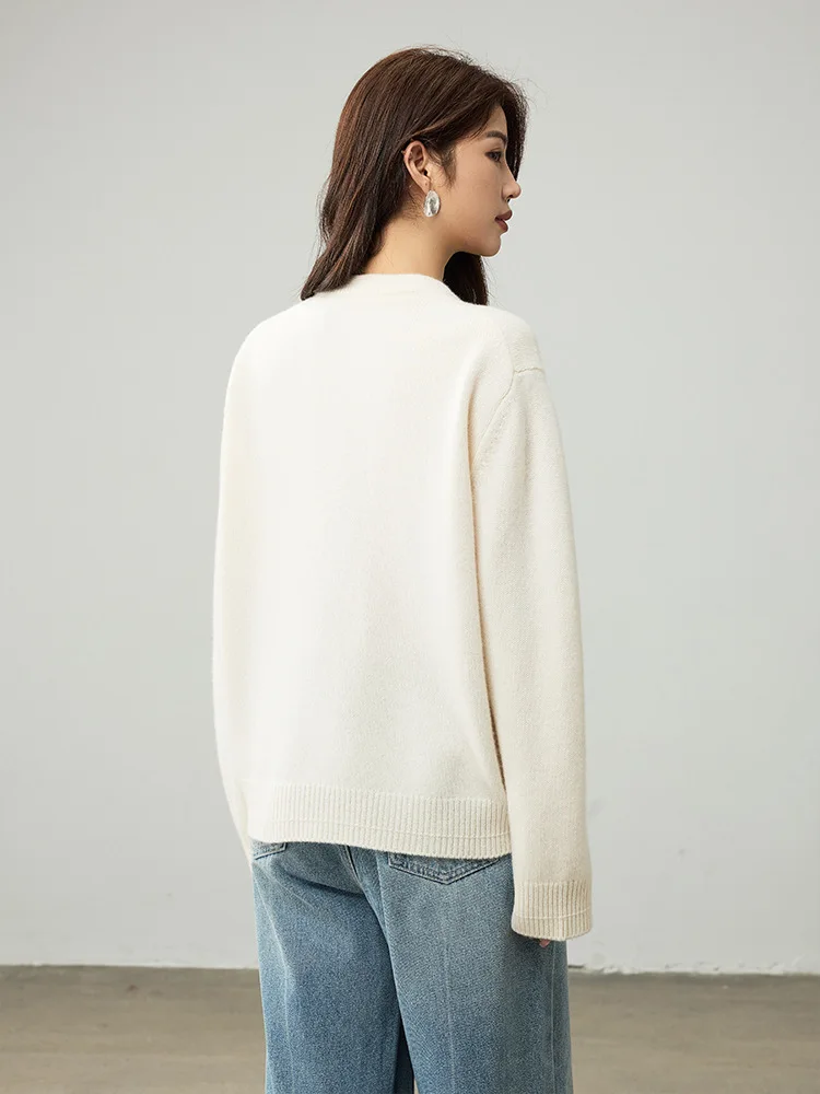 버드트리, 100% 양모 자카드 니트 스웨터, 여성용 O넥 긴팔 루즈 니트웨어, 2025 가을 화이트 풀오버 T59012JF