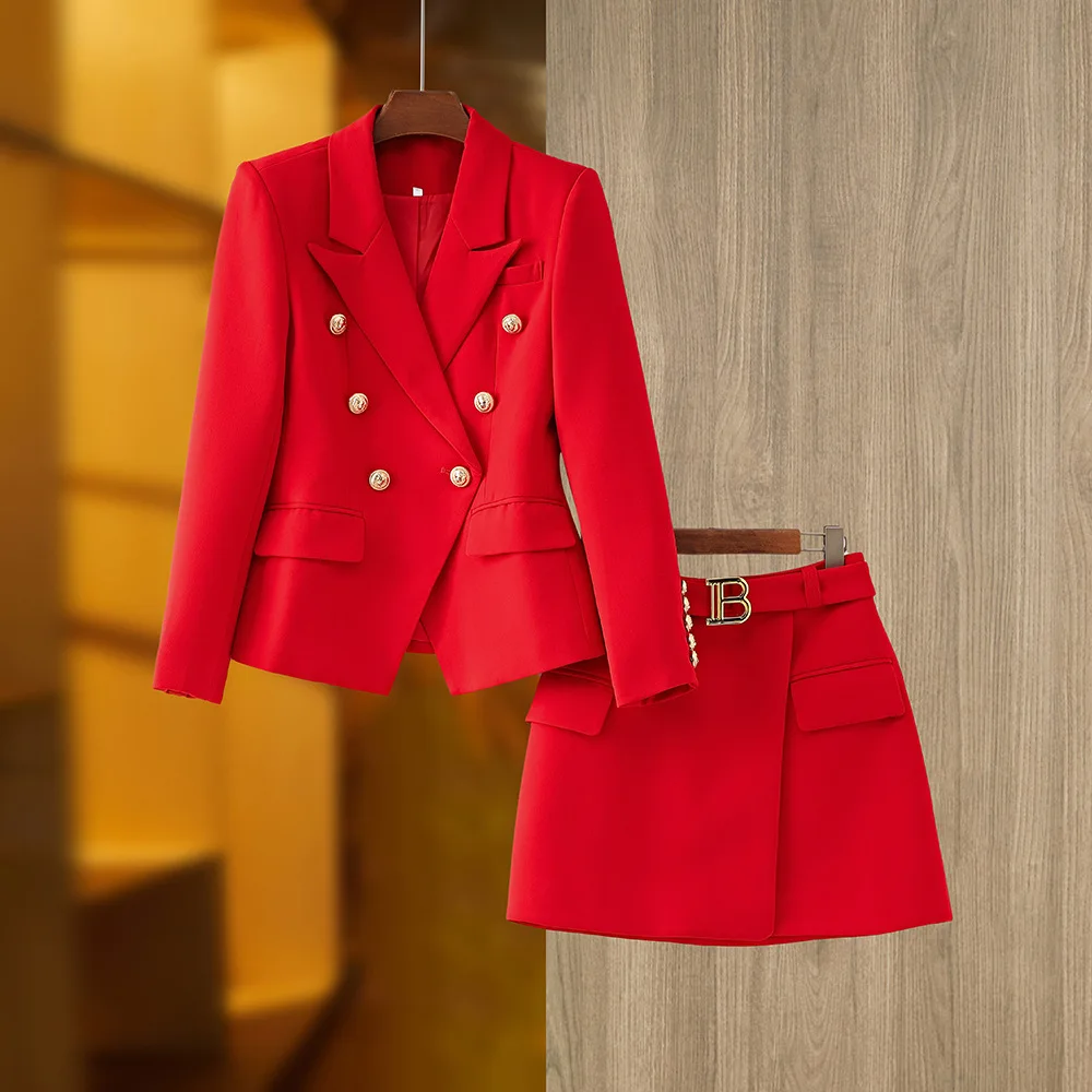 New Arrival Elegant Style Lady Office Work Suit Double-breasted Long Sleeve Fitted Blazer A-line Pencil Mini Skirt Women 2Pcs