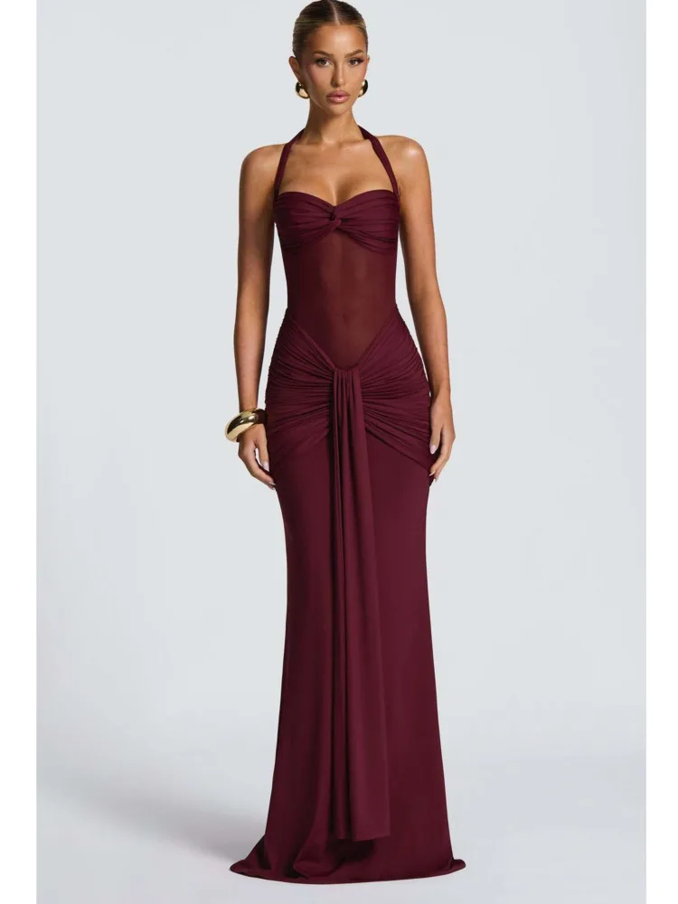 Articat Elegant Hanging Neck Mesh Patchwork Long Dress Women Sexy Sleeveless Backless Tight Party Evening Dress Sheer Formal