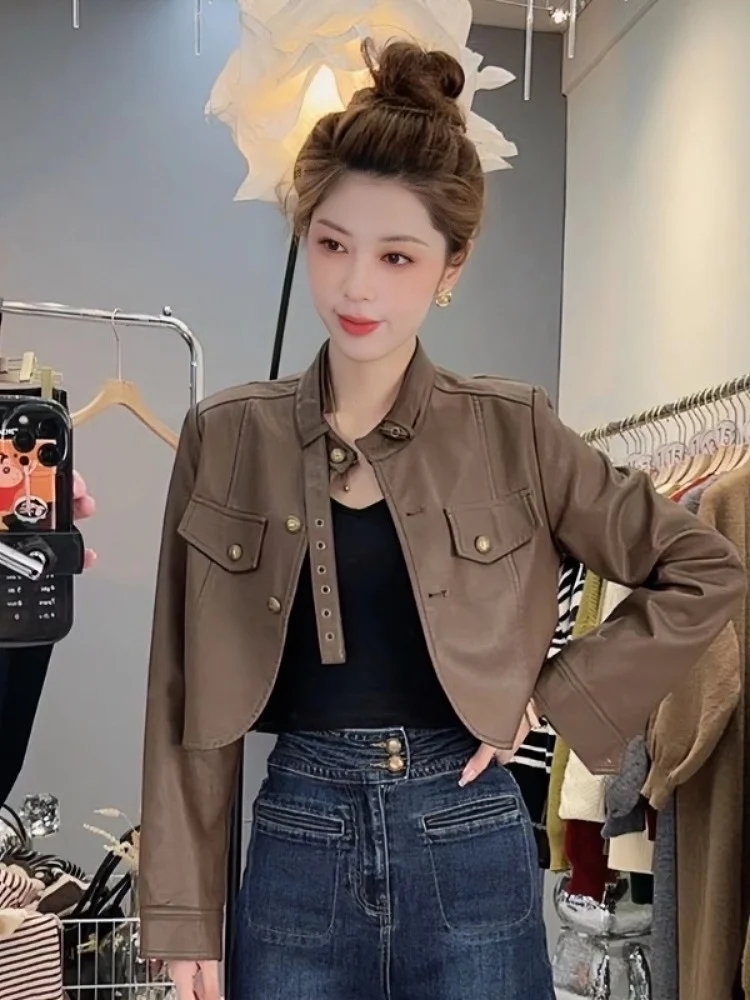 

Faionable Casual ort Leather Jaet Stand Collar All Match Autumn Winter New Arrival Women's Slim Fit Sle Pure Color