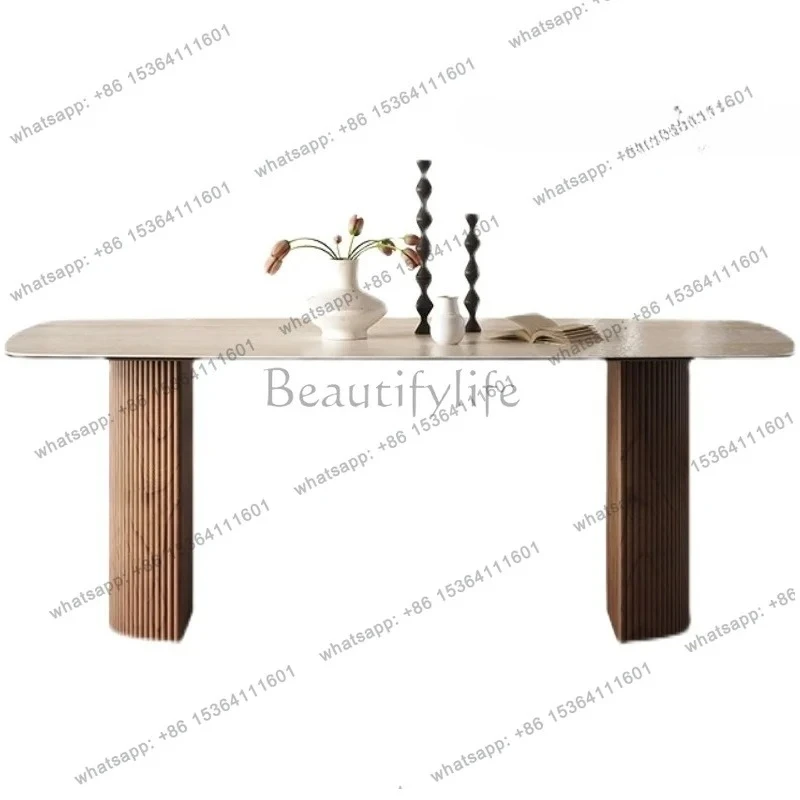 

French retro travertine rock slab dining table Italian small apartment dining room rectangular solid wood rock slab dining table