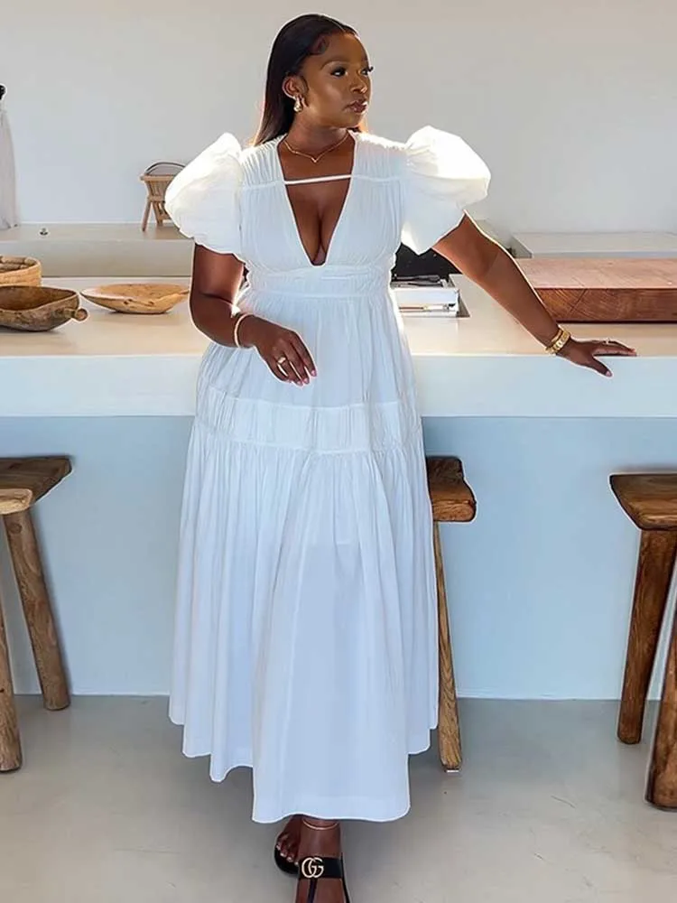 Women White Summer Dress High Waist Fitting  Dresses with Puff Sleeves Chic Pleated Slim Long Dress New Wholesale Dropshipping