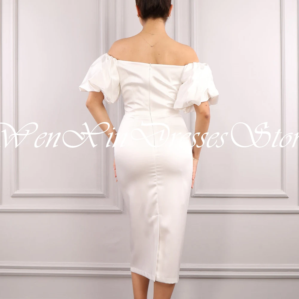 Customized  Temperament Satin White Off the Shoulder Evening Dress Modern Boat Neck Straight Short Sleeves Vestidos De 