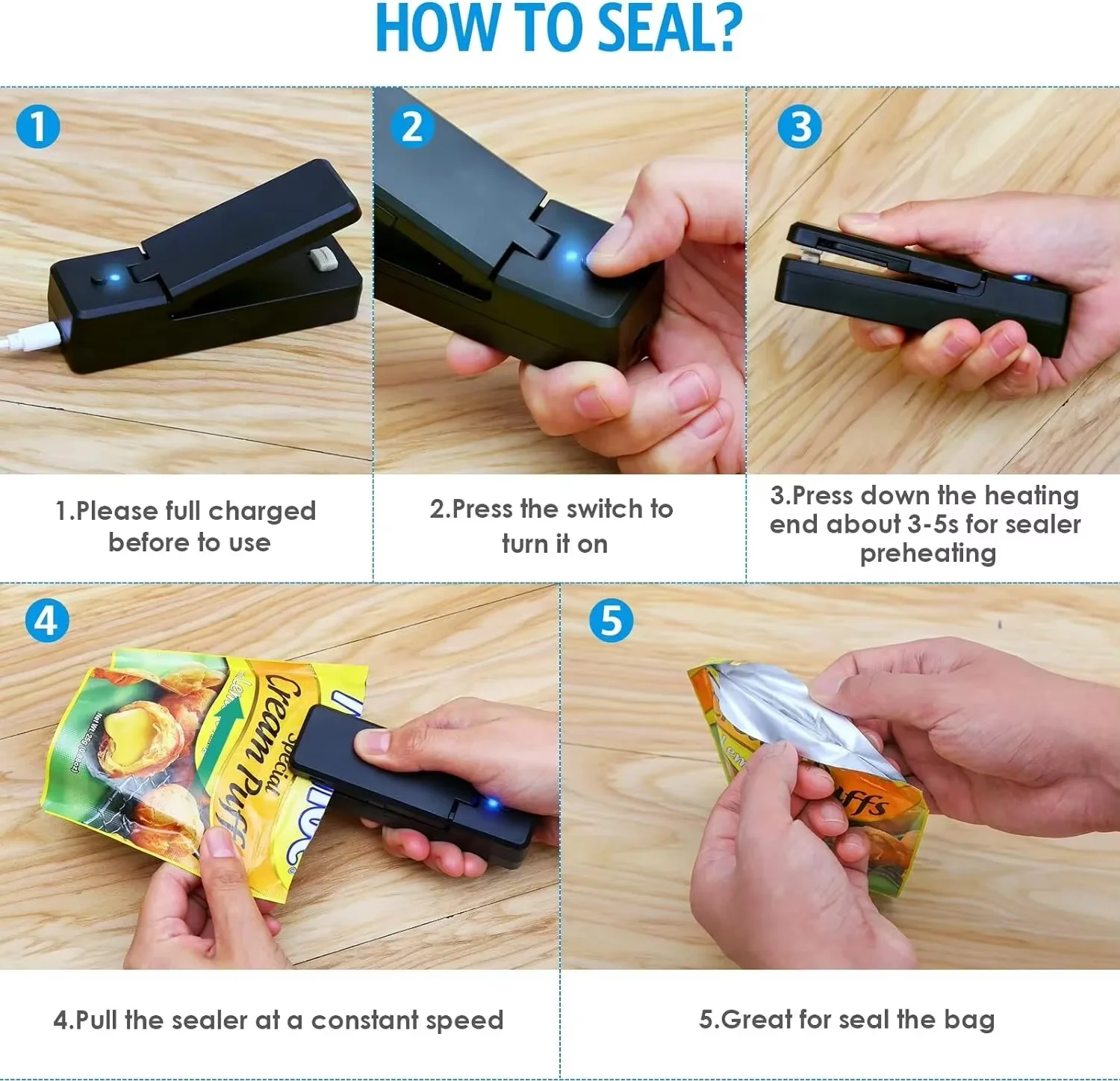 Мини-запайщик пакетов 2 в 1, перезаряжаемый портативный вакуумный термосварщик пакетов, подходящий для упаковки пищевых продуктов и термосвариваемый пластиковый пакет