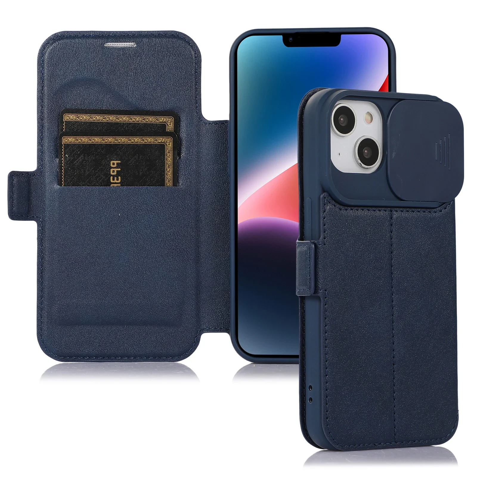 حافظة جلدية قابلة للطي مع حماية للكاميرا المنزلقة لهاتف آيفون 14 13 12 11 برو ماكس 7 8 14 Plus X XS Max XR فتحة للبطاقات غطاء خلفي #2