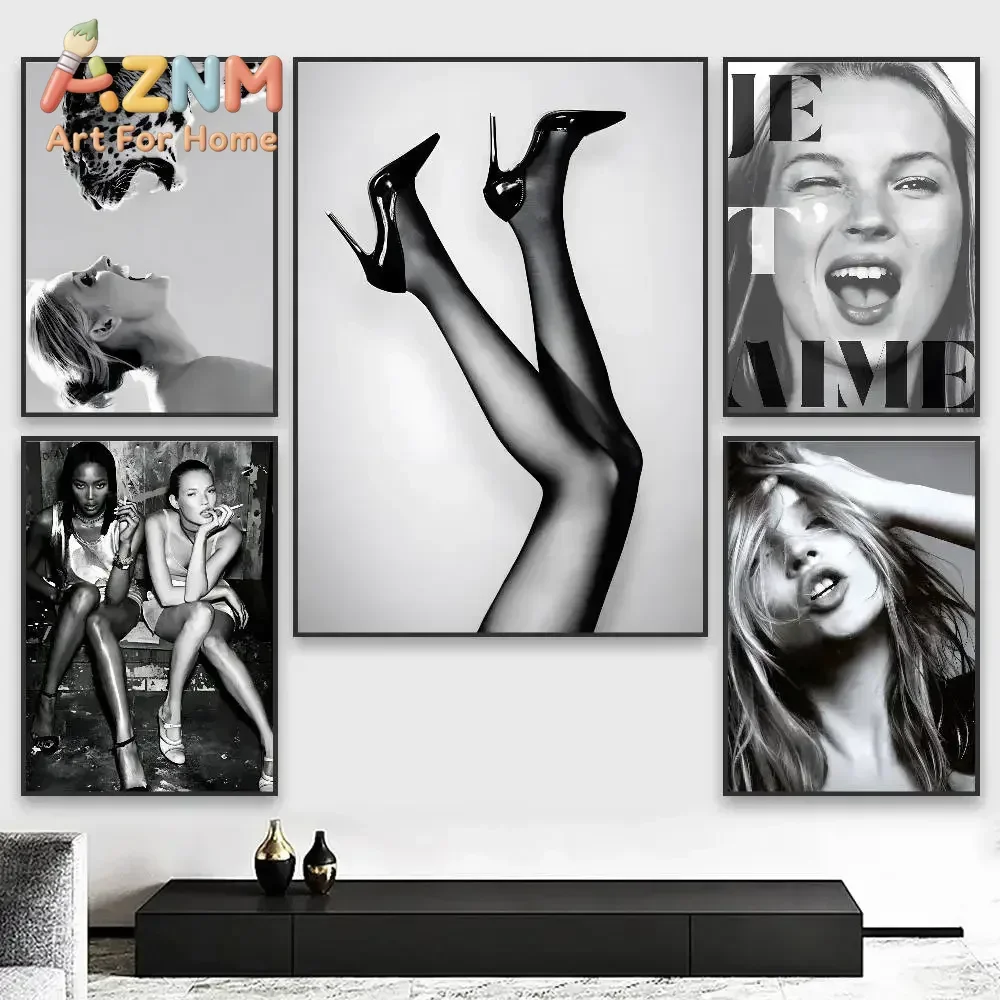 AZNM Black White Fashion Portrait Canvas Wall Art, Frameless, High Heel Model Photo Print for Salon Bedroom Wall Decor